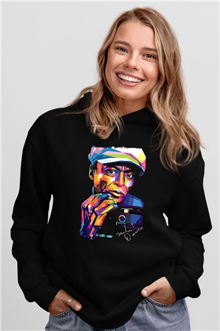 Miles Davis Baskılı Unisex Siyah Kapüşonlu Sweatshirt