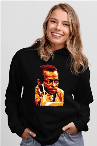 Miles Davis Baskılı Unisex Siyah Kapüşonlu Sweatshirt