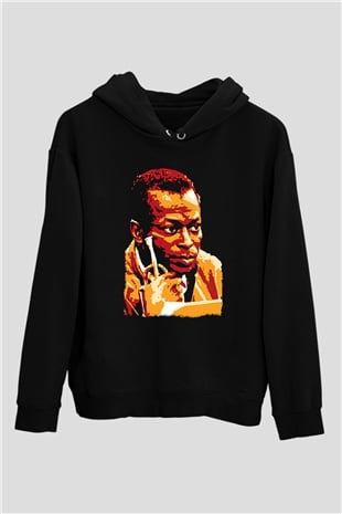 Miles Davis Baskılı Unisex Siyah Kapüşonlu Sweatshirt