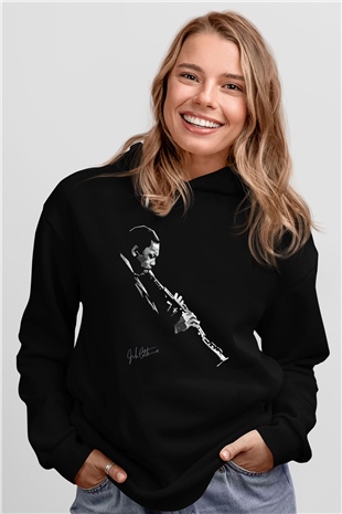 Miles Davis Baskılı Unisex Siyah Kapüşonlu Sweatshirt