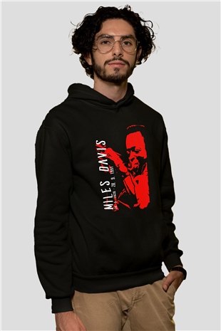 Miles Davis Baskılı Unisex Siyah Kapüşonlu Sweatshirt