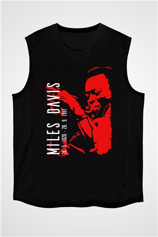 Miles Davis Baskılı Unisex Siyah Kolsuz Tişört - Tshirt