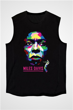 Miles Davis Baskılı Unisex Siyah Kolsuz Tişört - Tshirt
