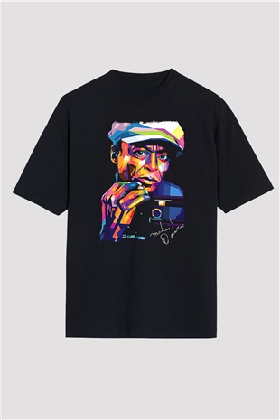 Miles Davis Baskılı Unisex Siyah Oversize Tişört - Tshirt