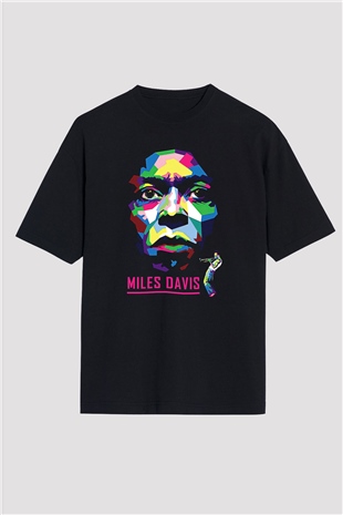 Miles Davis Baskılı Unisex Siyah Oversize Tişört - Tshirt
