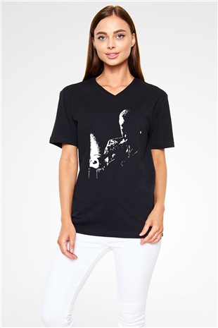 Miles Davis Baskılı Unisex Siyah V Yaka Tişört - Tshirt