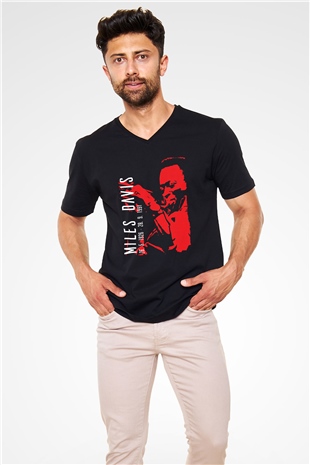 Miles Davis Baskılı Unisex Siyah V Yaka Tişört - Tshirt