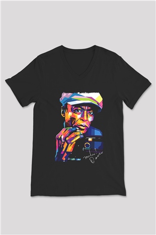Miles Davis Baskılı Unisex Siyah V Yaka Tişört - Tshirt