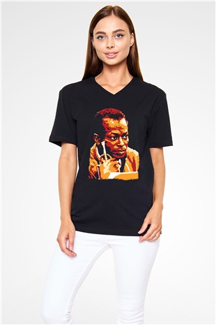 Miles Davis Baskılı Unisex Siyah V Yaka Tişört - Tshirt