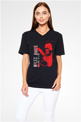 Miles Davis Baskılı Unisex Siyah V Yaka Tişört - Tshirt