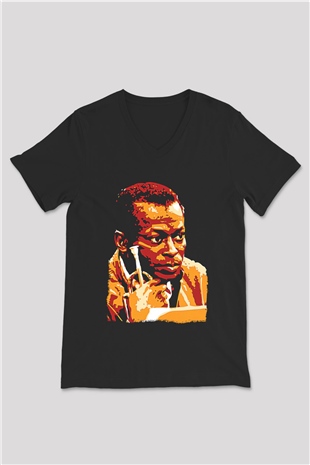 Miles Davis Baskılı Unisex Siyah V Yaka Tişört - Tshirt