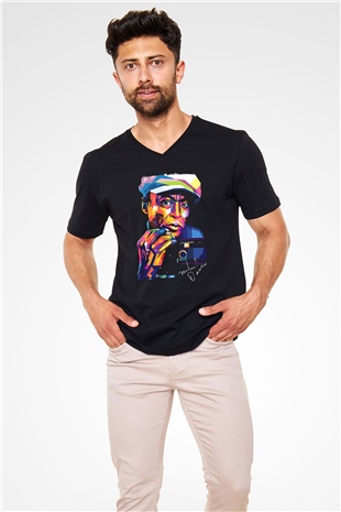 Miles Davis Baskılı Unisex Siyah V Yaka Tişört - Tshirt