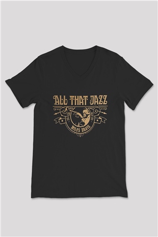 Miles Davis Baskılı Unisex Siyah V Yaka Tişört - Tshirt