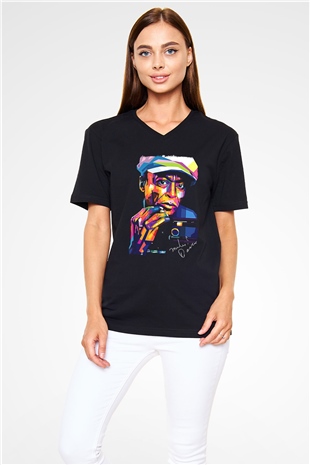 Miles Davis Baskılı Unisex Siyah V Yaka Tişört - Tshirt