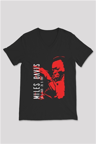Miles Davis Baskılı Unisex Siyah V Yaka Tişört - Tshirt
