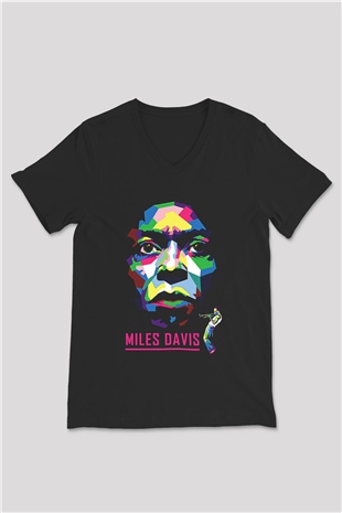 Miles Davis Baskılı Unisex Siyah V Yaka Tişört - Tshirt