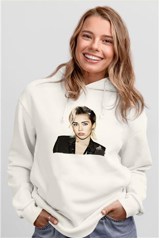 Miley Cyrus Baskılı Beyaz Unisex Kapüşonlu Sweatshirt