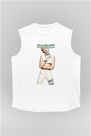 Miley Cyrus Baskılı Beyaz Unisex Kolsuz Tişört - Tshirt