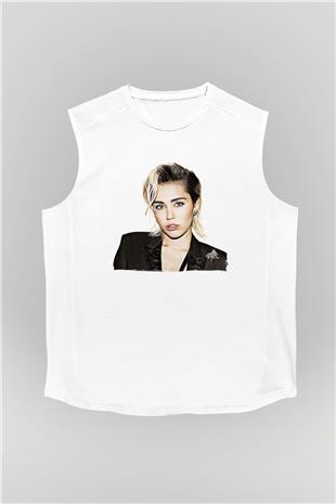 Miley Cyrus Baskılı Beyaz Unisex Kolsuz Tişört - Tshirt