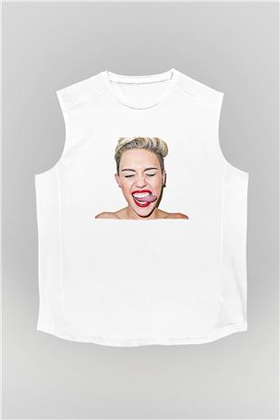 Miley Cyrus Baskılı Beyaz Unisex Kolsuz Tişört - Tshirt