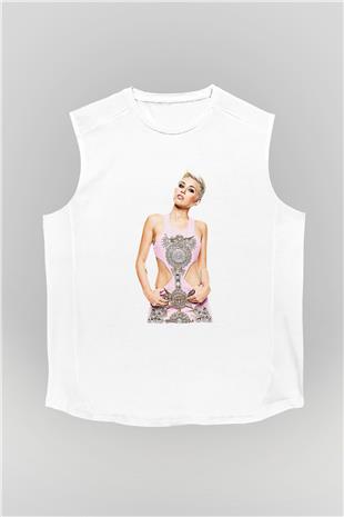 Miley Cyrus Baskılı Beyaz Unisex Kolsuz Tişört - Tshirt