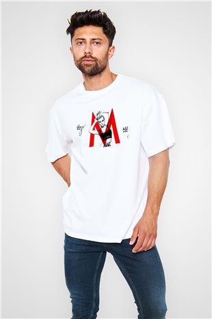 Miley Cyrus Baskılı Beyaz Unisex Oversize Tişört - Tshirt