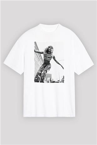 Miley Cyrus Baskılı Beyaz Unisex Oversize Tişört - Tshirt