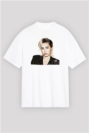 Miley Cyrus Baskılı Beyaz Unisex Oversize Tişört - Tshirt