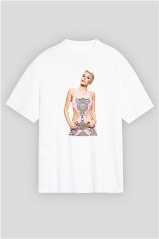 Miley Cyrus Baskılı Beyaz Unisex Oversize Tişört - Tshirt