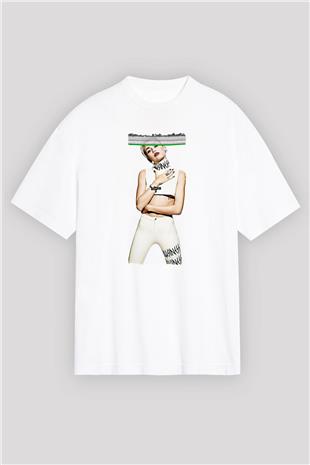 Miley Cyrus Baskılı Beyaz Unisex Oversize Tişört - Tshirt