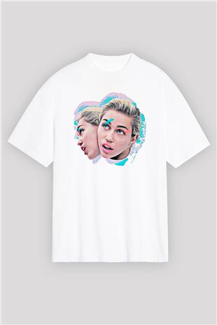 Miley Cyrus Baskılı Beyaz Unisex Oversize Tişört - Tshirt