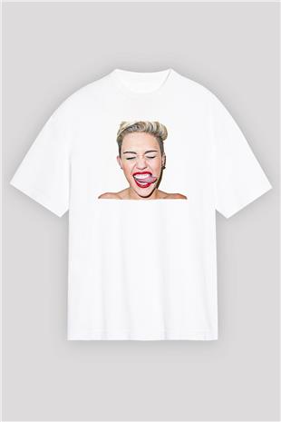 Miley Cyrus Baskılı Beyaz Unisex Oversize Tişört - Tshirt