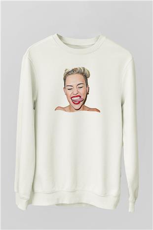 Miley Cyrus Baskılı Beyaz Unisex Sweatshirt