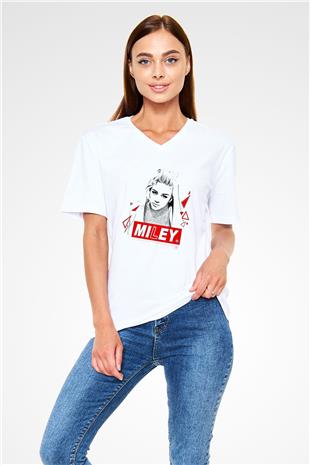 Miley Cyrus Baskılı Beyaz Unisex V Yaka Tişört - Tshirt