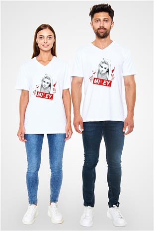 Miley Cyrus Baskılı Beyaz Unisex V Yaka Tişört - Tshirt