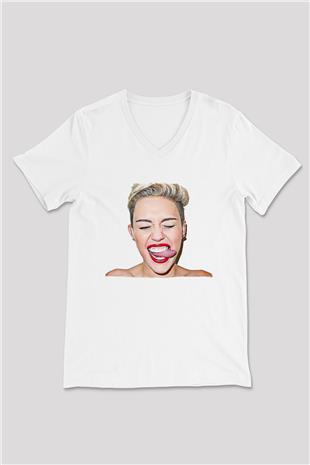 Miley Cyrus Baskılı Beyaz Unisex V Yaka Tişört - Tshirt