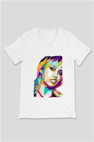 Miley Cyrus Baskılı Beyaz Unisex V Yaka Tişört - Tshirt