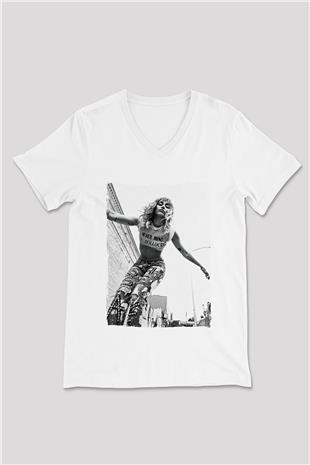 Miley Cyrus Baskılı Beyaz Unisex V Yaka Tişört - Tshirt