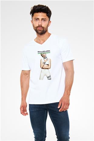 Miley Cyrus Baskılı Beyaz Unisex V Yaka Tişört - Tshirt