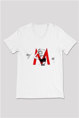 Miley Cyrus Baskılı Beyaz Unisex V Yaka Tişört - Tshirt