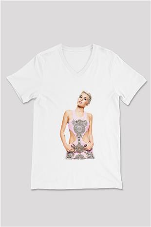 Miley Cyrus Baskılı Beyaz Unisex V Yaka Tişört - Tshirt