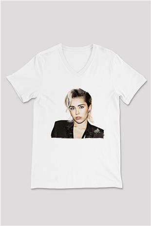 Miley Cyrus Baskılı Beyaz Unisex V Yaka Tişört - Tshirt