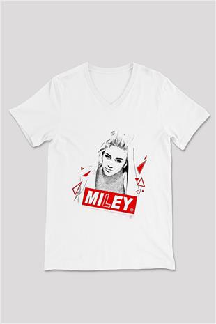 Miley Cyrus Baskılı Beyaz Unisex V Yaka Tişört - Tshirt