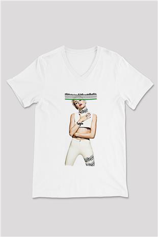 Miley Cyrus Baskılı Beyaz Unisex V Yaka Tişört - Tshirt