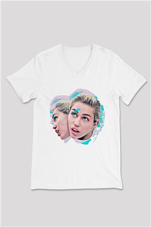 Miley Cyrus Baskılı Beyaz Unisex V Yaka Tişört - Tshirt