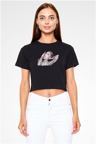 Miley Cyrus Baskılı Siyah Crop Top Kadın Tişört - Tshirt