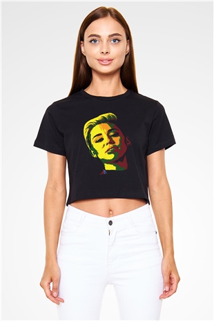 Miley Cyrus Baskılı Siyah Crop Top Kadın Tişört - Tshirt