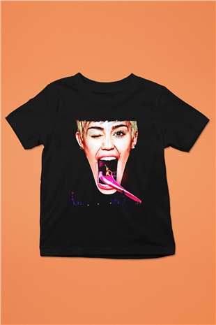 Miley Cyrus Baskılı Unisex Siyah Çocuk Tişört - Tshirt