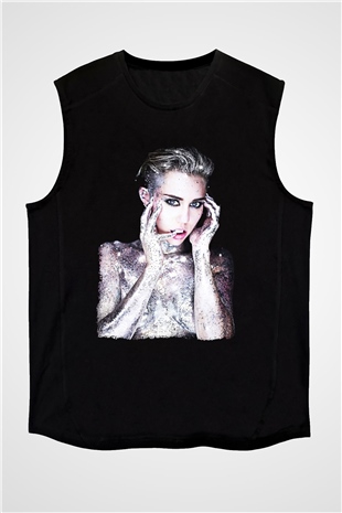 Miley Cyrus Baskılı Unisex Siyah Kolsuz Tişört - Tshirt
