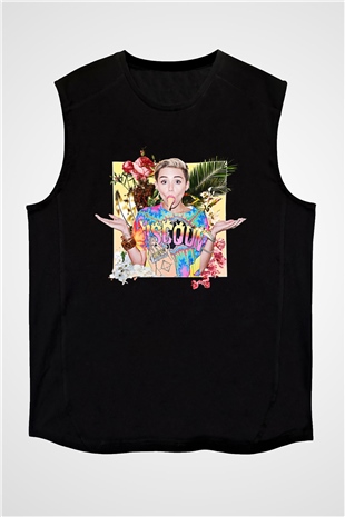 Miley Cyrus Baskılı Unisex Siyah Kolsuz Tişört - Tshirt